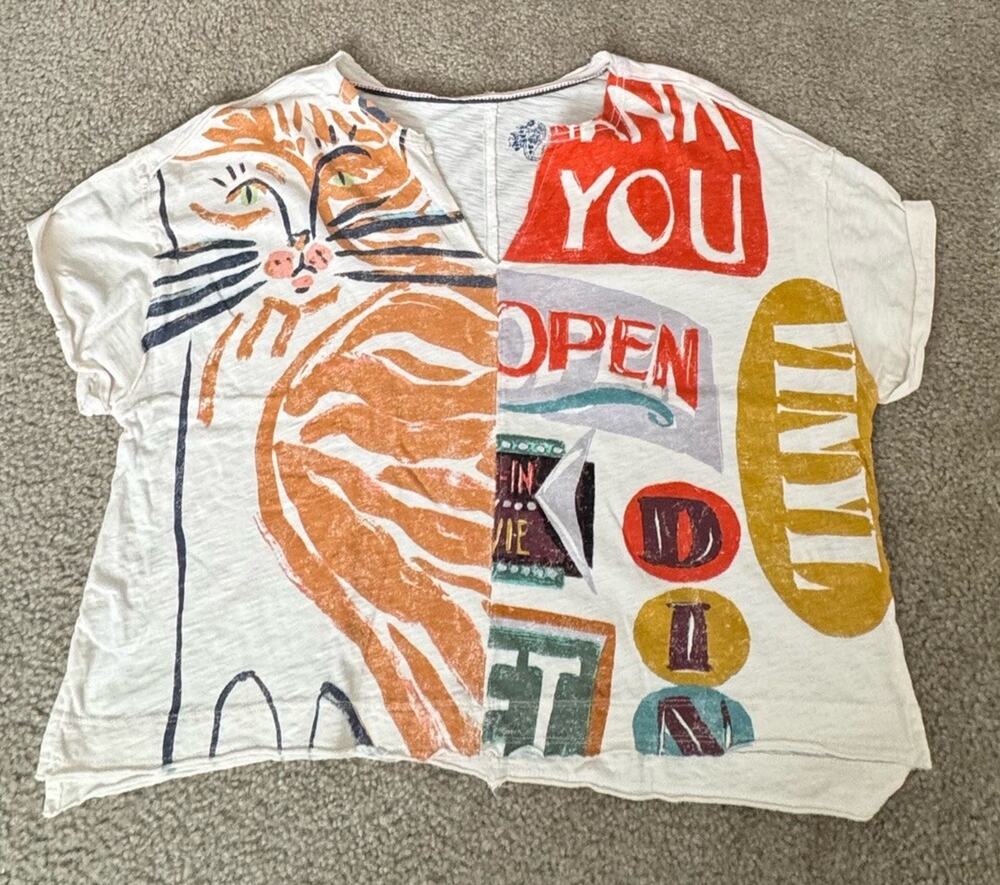 Pilcro Anthropologie Womens S Tiger Cat Graphic Tee Ivory Cotton Artsy Boho Top